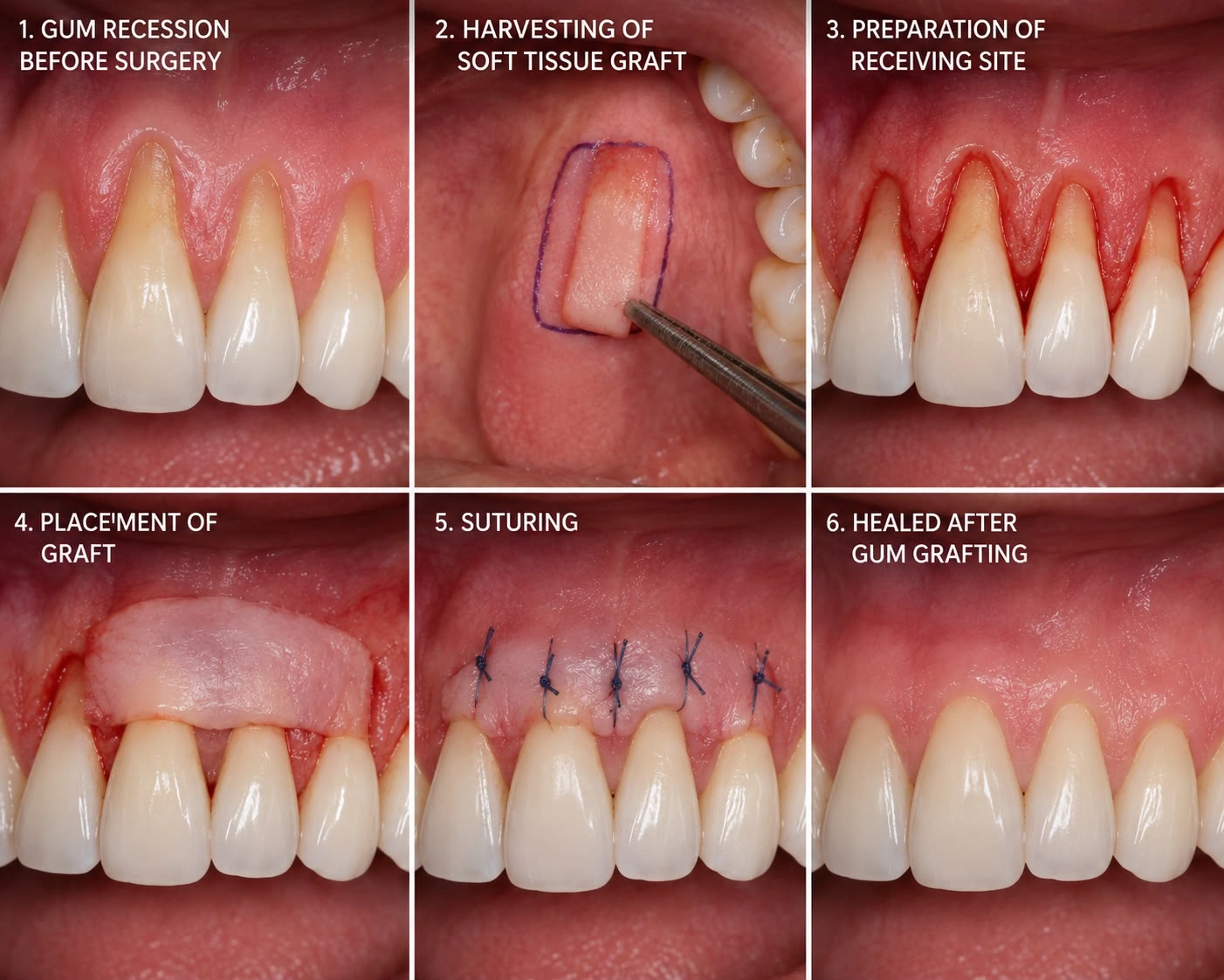 Six-step clinical sequence of a soft tissue gum graft: 1. Recession before surgery, 2. Harvesting donor tissue from the palate, 3. Preparation of receiving site, 4. Placement of the graft over exposed roots, 5. Suturing with blue stitches, and 6. Completely healed gumline after grafting.