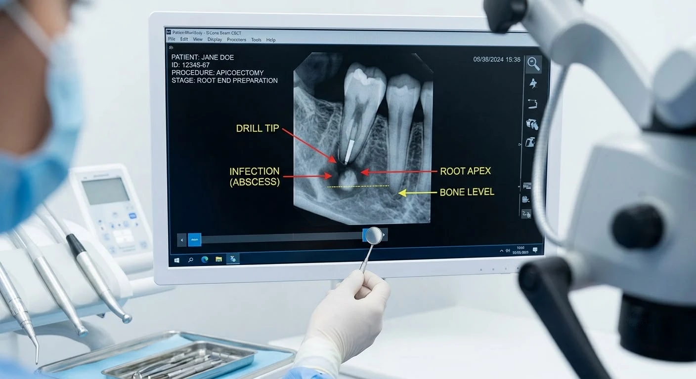 Surgical root-end procedure screen detailing a drill tip accessing a tooth bone level infection.
